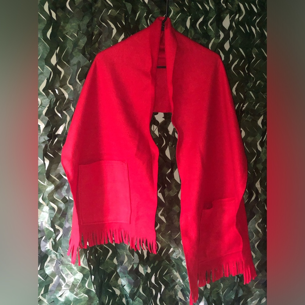 Vibrant Red Fringed Scarf with Pockets
